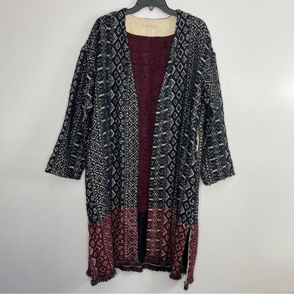 ne Quittez pas Wool Jacquard Wrap Coat, Ivory/Burgundy (Large by measurement) - Picture 1 of 6